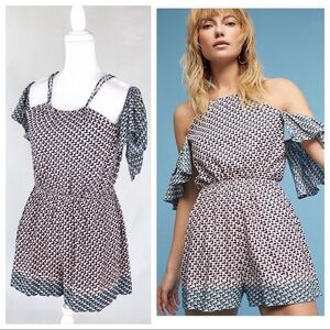 Anthropologie Elevenses shorts romper pink blue off the shoulder flutter medium